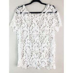 Womens Sheer Crochet Lace Top M/L White Fairy Cottagecore Layering Festival Boho